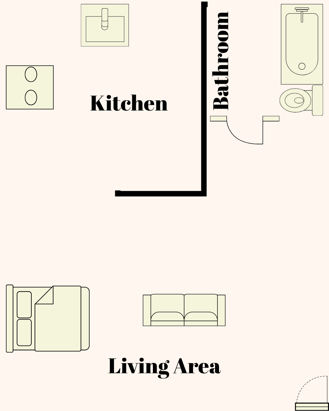 A diagram shows a floor plan of a kitchen and bathroom connected to a living area.